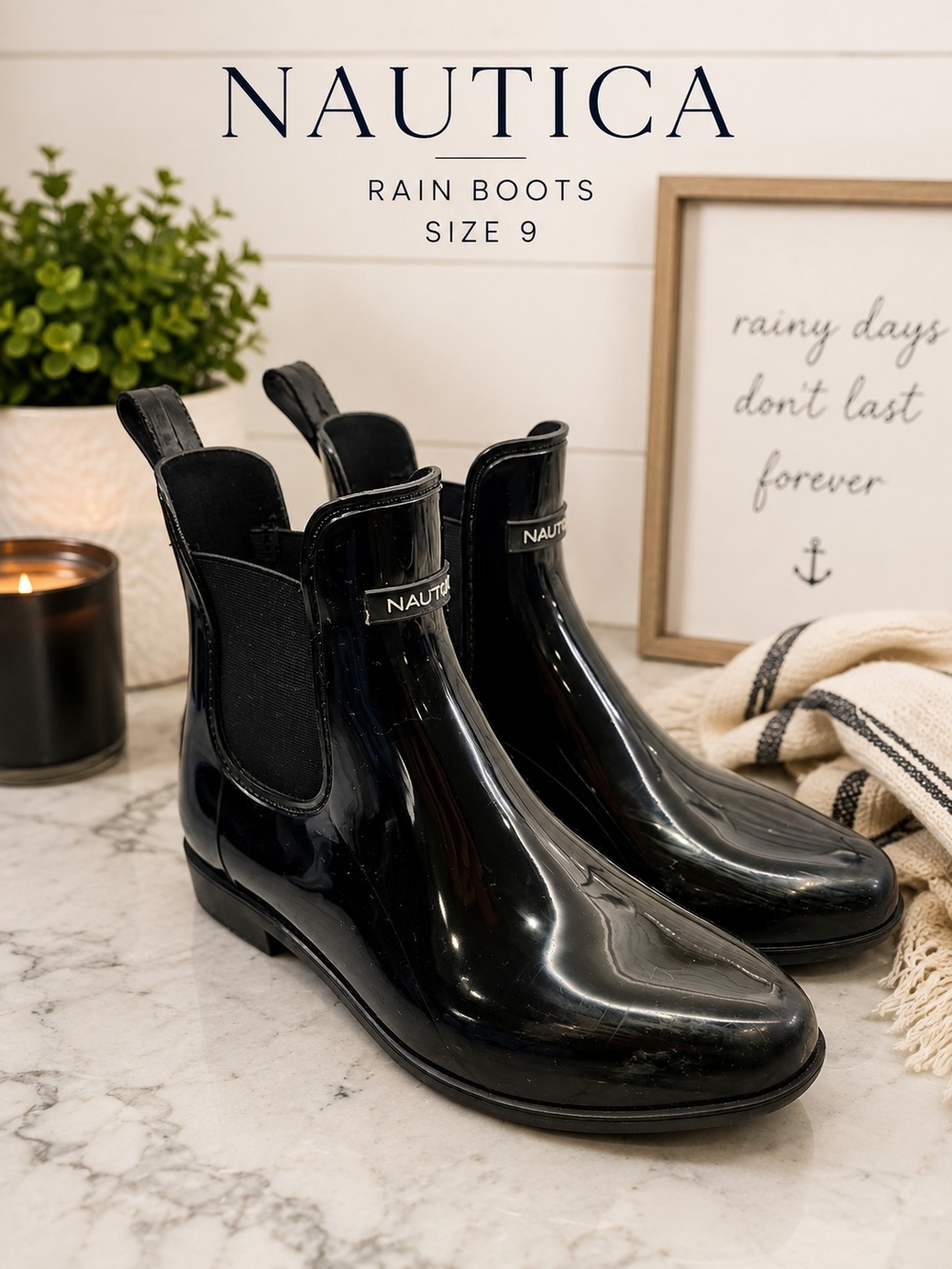 Nautica Black Glossy Chelsea Rain Boots Waterproof Ankle Booties Size 9